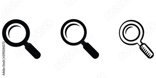 Magnifying glass icon set with black solid and outline styles for search and exploration designs