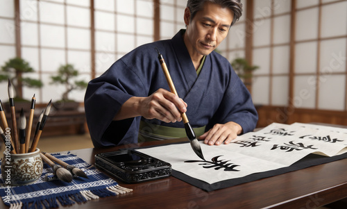 Mature Japanese man wearing traditional kimono writing calligraphy ink brush paper scroll master concentrating studio workshop cultural heritage artistic expression skill discipline execution