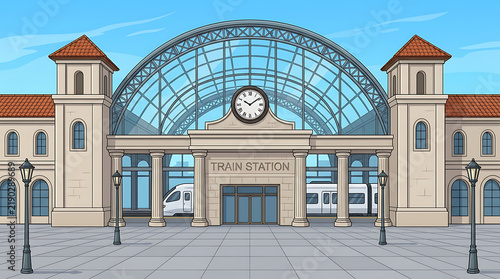 Classic European railway station building with glass dome and modern high speed train arrival