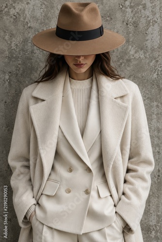 Elegant woman wearing cream double-breasted wool blazer and matching pants paired with a tan fedora hat, posing confidently against urban concrete wall, chic fall fashion and sophisticated style
