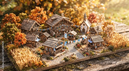 Miniature village display featuring small wooden houses and festival bunting set on a wooden board during the autumn season with wooden buildings cobblestone