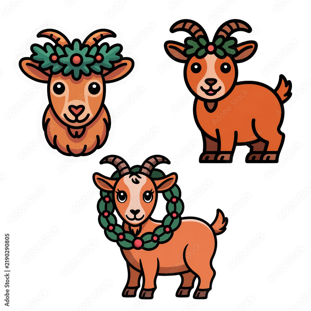 Fototapeta premium Symbol of 2027 a little goat with a New Year's wreath, icon set with transparent background, isolated