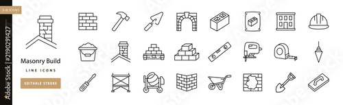 Masonry Build Lines. Line icon set of bricks and masonry: brick wall, hammer, trowel, arch, block, cement bag, mortar bucket, chimney, pallet, brick stack, level, masonry saw, scaffold, editable