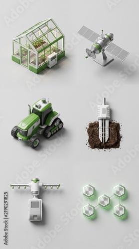 Isometric 3d icons of smart farming agriculture technology with autonomous tractor drone and satellite
