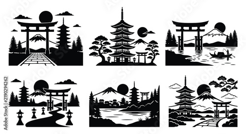 Japanese landscape silhouettes depict pagodas torii gates and mount fuji in vector style