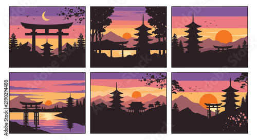 Japanese temple silhouettes against colorful sunset gradients form a vector illustration