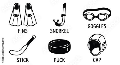 Collection of black vector silhouettes depicting aquatic and ice sports equipment