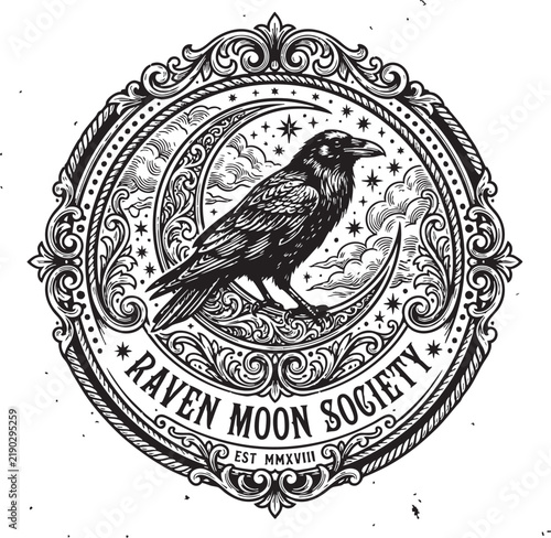 Black raven perched on crescent moon illustration for astronomy or fantasy branding with seamless background