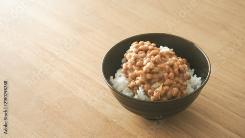 Japanese natto rice bowl on a wooden table