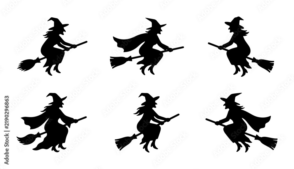 Fototapeta premium Six Silhouette Witches Flying on Brooms, Halloween Icons, Spooky Vector Graphics, Magical Night Elements
