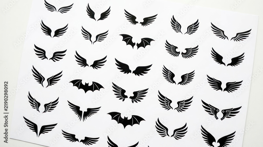 Fototapeta premium Black wing and bat silhouette graphic design elements.