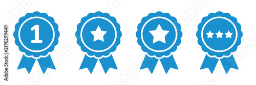 Set of Blue Ribbons and Badges: A collection of blue award ribbons and badges, featuring a 1 for first place, stars for excellence, and three stars for superior achievement.