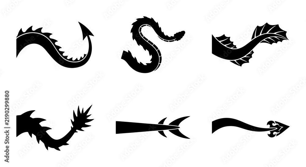 Obraz premium Mythical Creature Tails Vector Icons, Fantasy Dragon Serpent Elements, Dark Silhouette Shapes