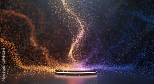 Small dark platform with swirling golden glitter particles forming a vertical light tornado