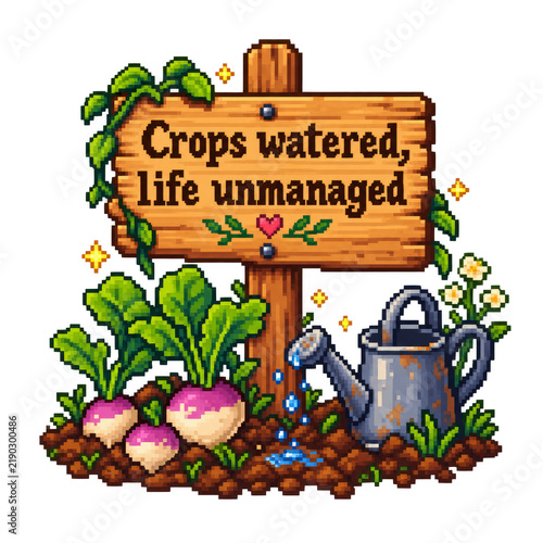 Pixel Art Garden Sign with Crops and Watering Can Humor