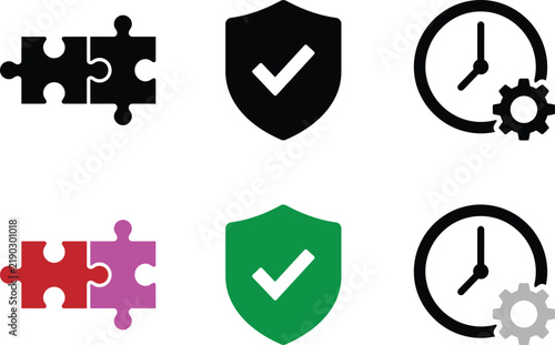 Minimalist business icon set with puzzle pieces, security shield, and clock gear. Modern flat vector icons for project management and data protection.