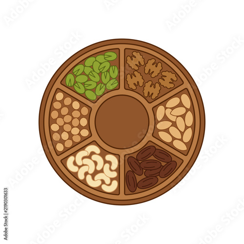 Illustrated Circular Tray with Assorted Nuts and Dried Fruits Isolated