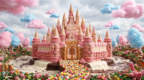 Magical pink fairytale candy castle made of sweets under a cloudy sky.