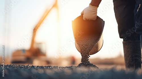 A builder pours liquid concrete into a foundation amid a bustling city construction site. Cinematic lighting highlights the gritty urban construction process.