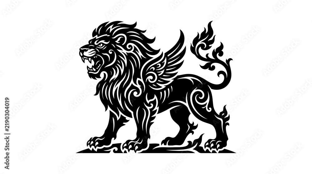 Obraz premium Detailed mythological winged lion silhouette illustration.
