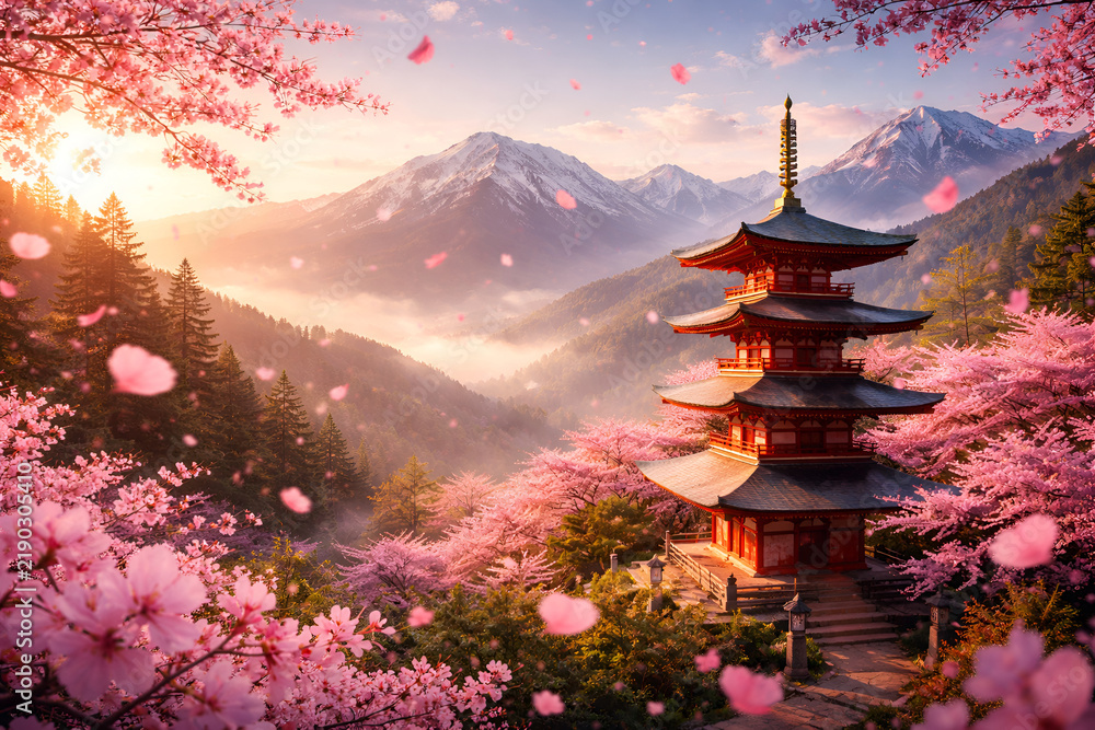 Obraz premium Traditional Japanese Pagoda Temple in Spring Cherry Blossom Mountain Valley