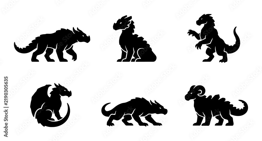 Fototapeta premium Mythical Dragon Silhouettes, Fantasy Creature Icons, Ancient Beast Vector Set, Legendary Monster Graphics