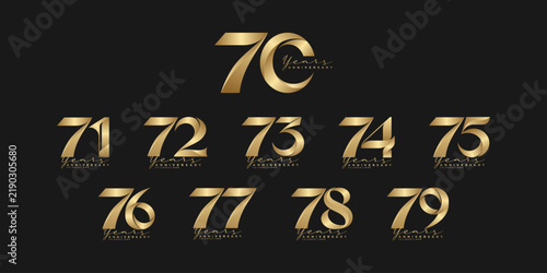 Luxury Gold 70 to 79 Years Anniversary Number Collection on Black Background