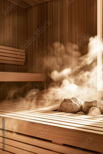 Warm sunlight illuminates a wooden sauna interior as steam rises around heated stones beside tiered benches.