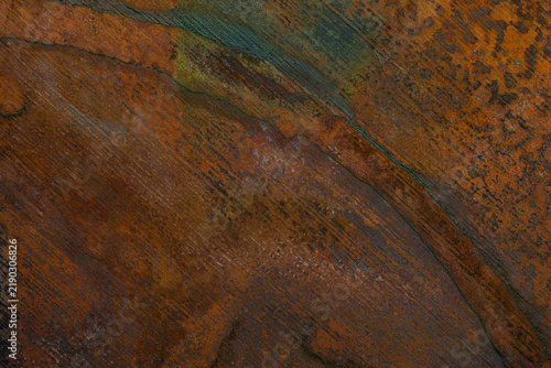 Fotografie Abstract copper texture with orange oxidation, dark patina and green-blue traces