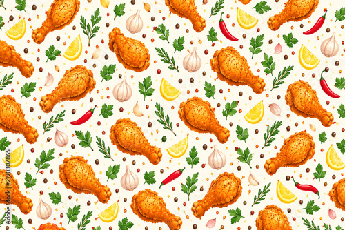 Fried Chicken Drumsticks Seamless Pattern with Lemon, Chili, Garlic and Herbs
