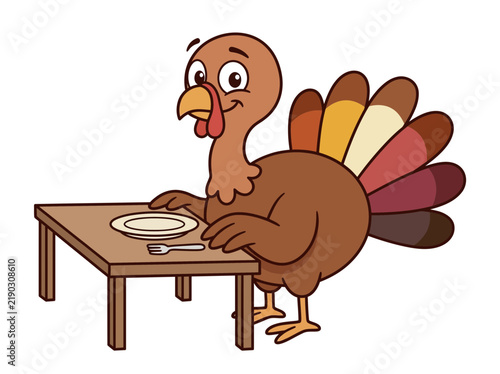 Foto A cute cartoon turkey sitting at a wooden dining table waiting to be served a ho