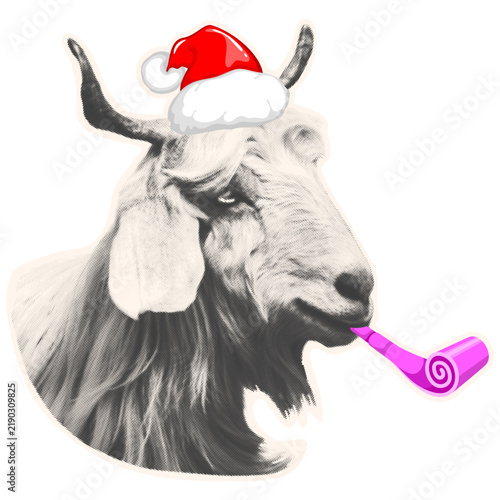 Retro newspaper cutout goat head with halftone texture, Santa hat and blowing a party blower. Goat portrait isolated for vintage collage design. Paper cut goat for 2027 Chinese Lunar New year. Vector