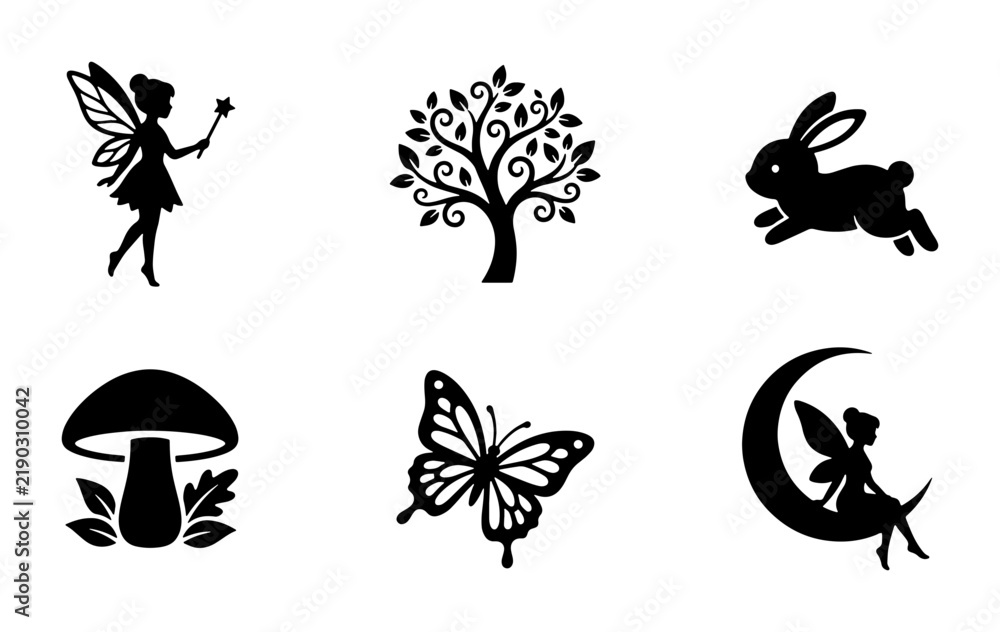 Fototapeta premium Whimsical Fairy Icons, Enchanted Forest Elements, Magical Creature Silhouettes, Vector Graphics Set