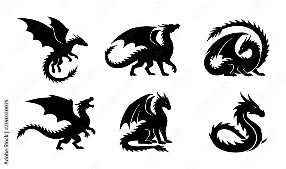 Fototapeta premium Mythical Dragon Silhouettes, Fantasy Creature Icons, Legendary Beast Vector Set, Ancient Folklore Art
