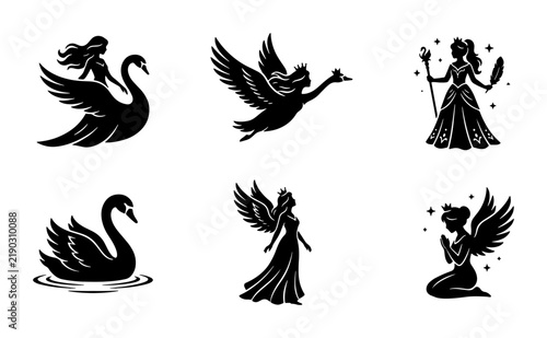Mythical Creatures Vector Icons: Swans, Angels, Fairies, Magical Beings Set
