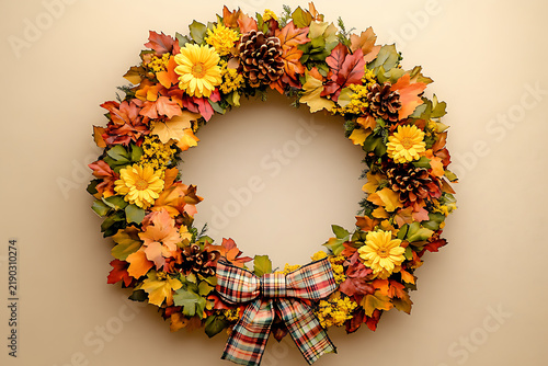 Beautiful Autumn Wreath Flat Lay with Yellow Flowers and Plaid Bow on Beige Background for Harvest Greeting