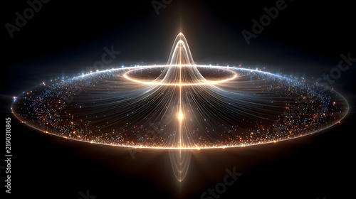 Glowing particle ring surrounding a central light peak depicting quantum physics energy field concept.