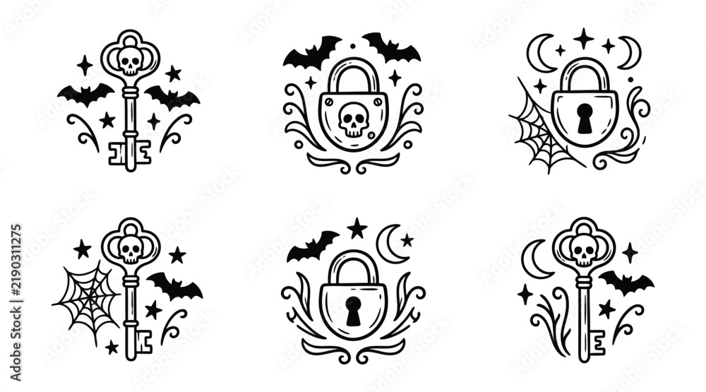 Fototapeta premium Set of halloween themed skull keys and padlocks with bats and spiderwebs