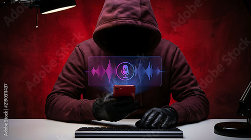 Obraz na płótnie A hacker using ai voice cloning technology on a smartphone to commit fraud