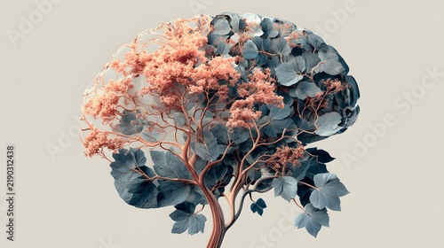 Stylized tree growing in the shape of a human brain with blue and pink leaves, symbolizing mental growth and harmony.