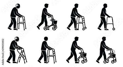 Collection of mobility aids including walkers and rollators in black silhouette