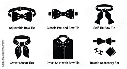 Fotografie Black vector illustrations of various bow ties and formal wear accessories