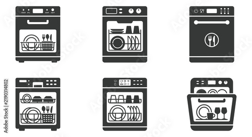 Six black silhouette dishwashers with varying control panel designs