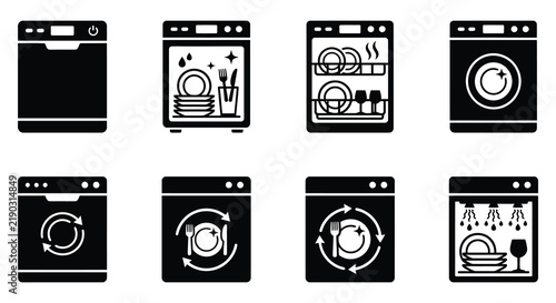 Six black silhouette dishwashers with varying control panel designs