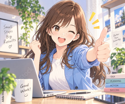 オフィスでサムズアップする笑顔の女性のアニメ風イラスト