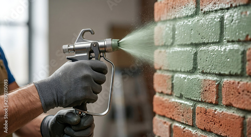 Man spray paints a brick surface with green coating using a spray gun. Renovation work refreshes masonry while preserving its textured character