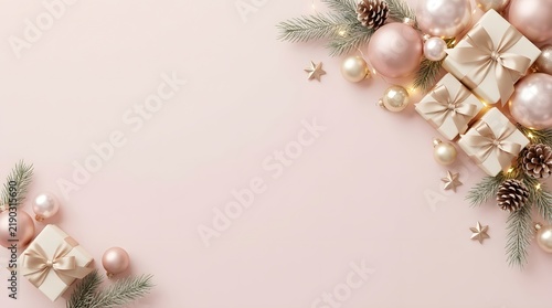 Elegant soft pink festive chrismas background with decorative ornaments and gift boxes for holidays