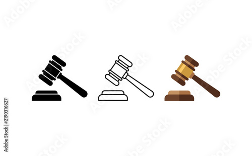 Canvastavla Judge gavel icon set in flat, outline, and solid styles, wooden auction hammer s