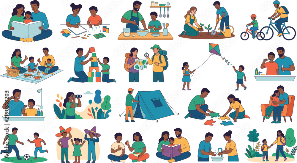 Fototapeta premium Diverse family activities and happy parenting vector illustration set featuring indoor hobbies outdoor recreation camping sports and daily routines