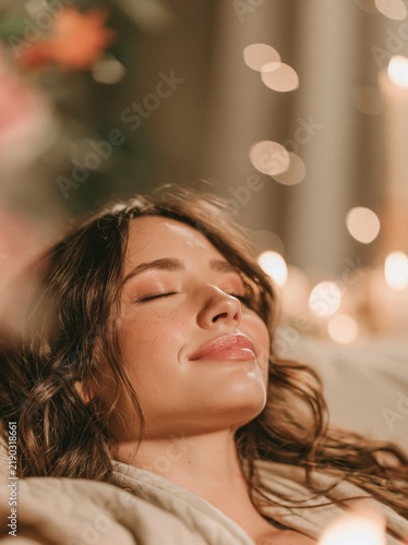 Relaxed woman resting with closed eyes in warm candlelight